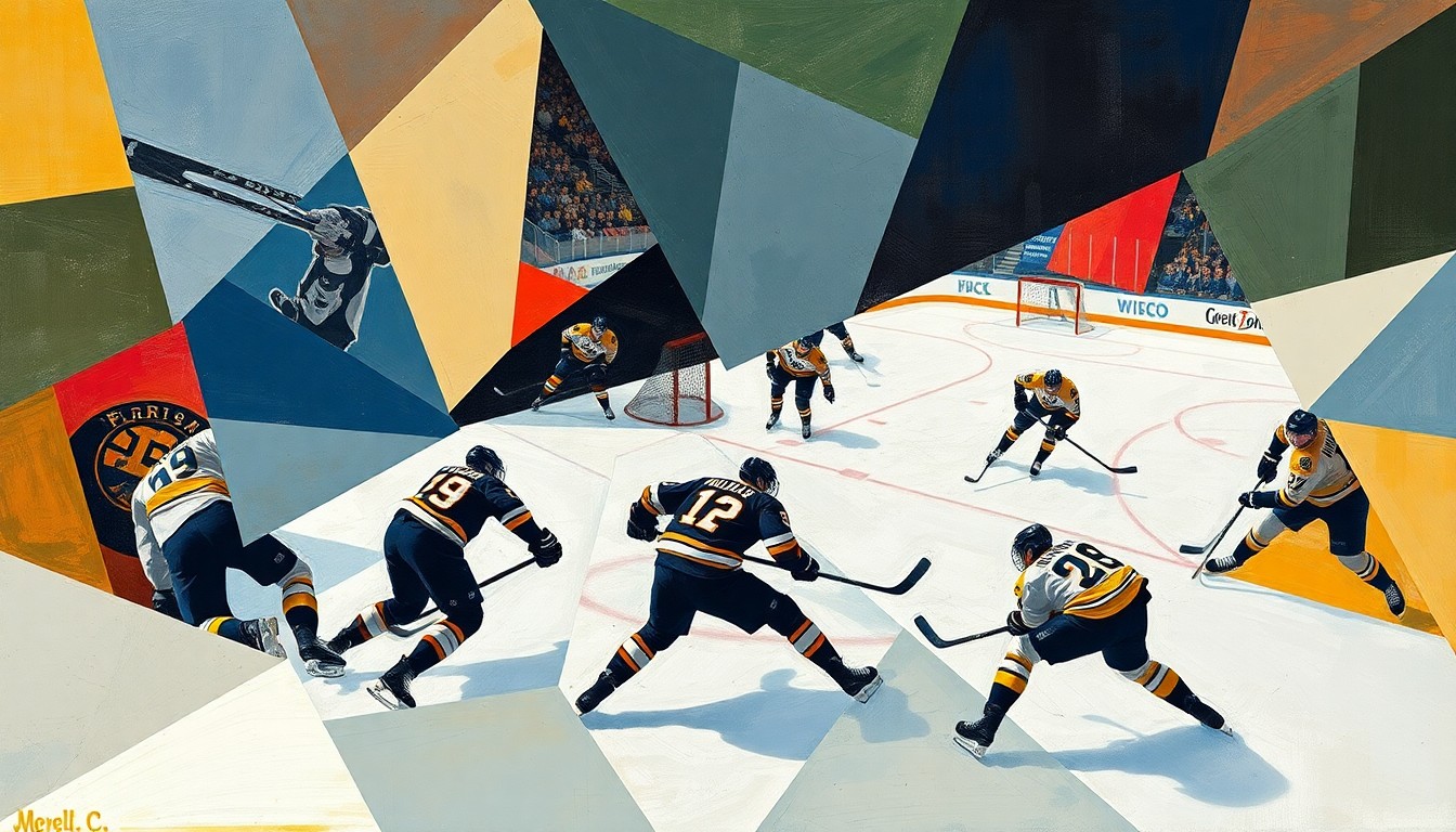 A fractured, multi-perspective painting breaking down a hockey game into sharp, overlapping geometric planes, with players and action deconstructed into abstract shapes and angles.