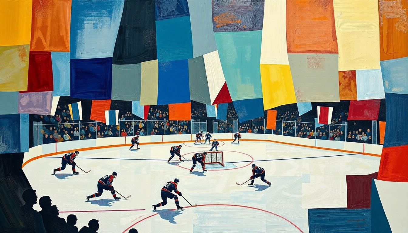 A cubist, geometric painting depicting a hockey game, with players and the puck broken down into overlapping angular shapes and planes in a vibrant color palette.