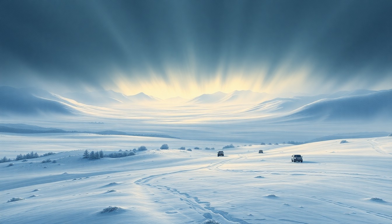 A vast, majestic landscape painting in muted tones of white, grey, and blue, depicting a blizzard-swept expanse of snow-covered plains and hills. The scene uses deep atmospheric perspective and dramatic backlighting to convey the overwhelming, sublime scale of the winter storm, with any physical structures or vehicles dwarfed by the power of the elements.