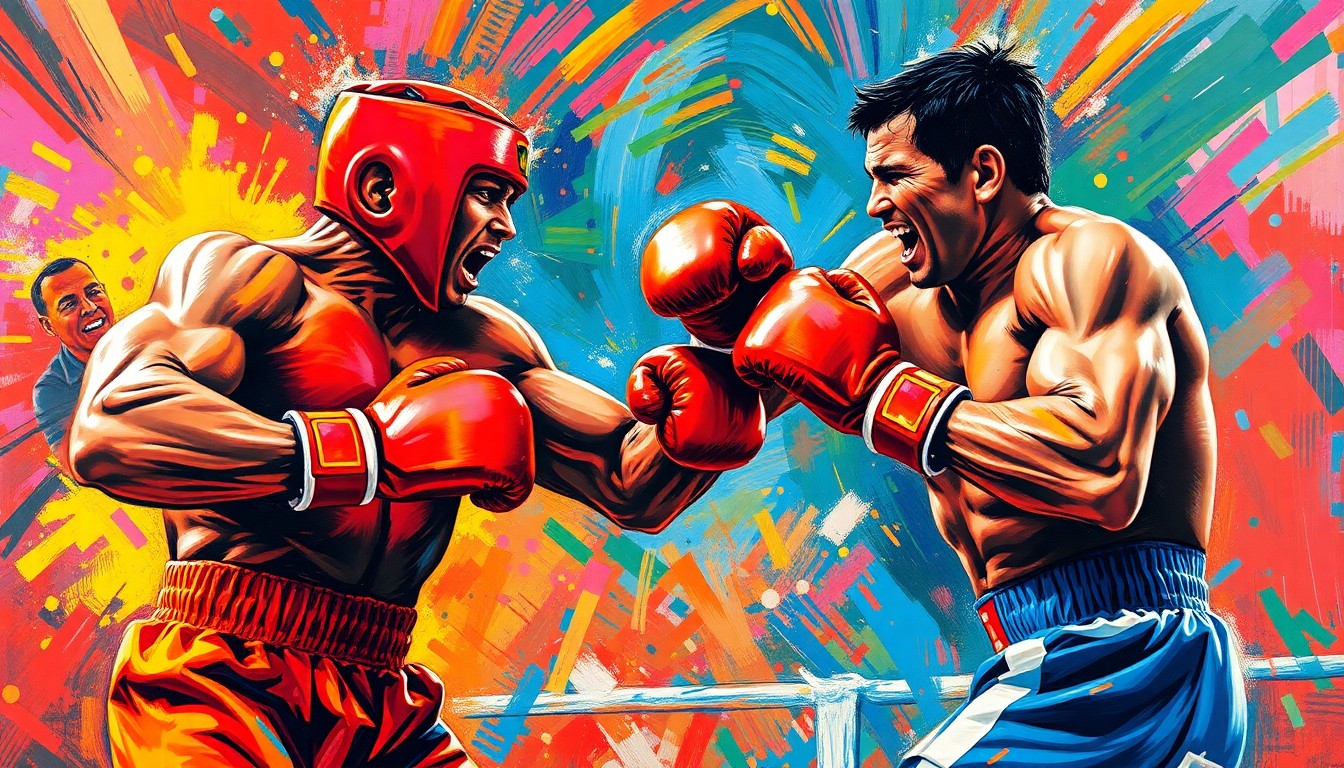 A dynamic, abstract painting featuring bold, neon-colored brushstrokes that convey the raw power and energy of a heavyweight boxing match, with no identifiable figures or text.