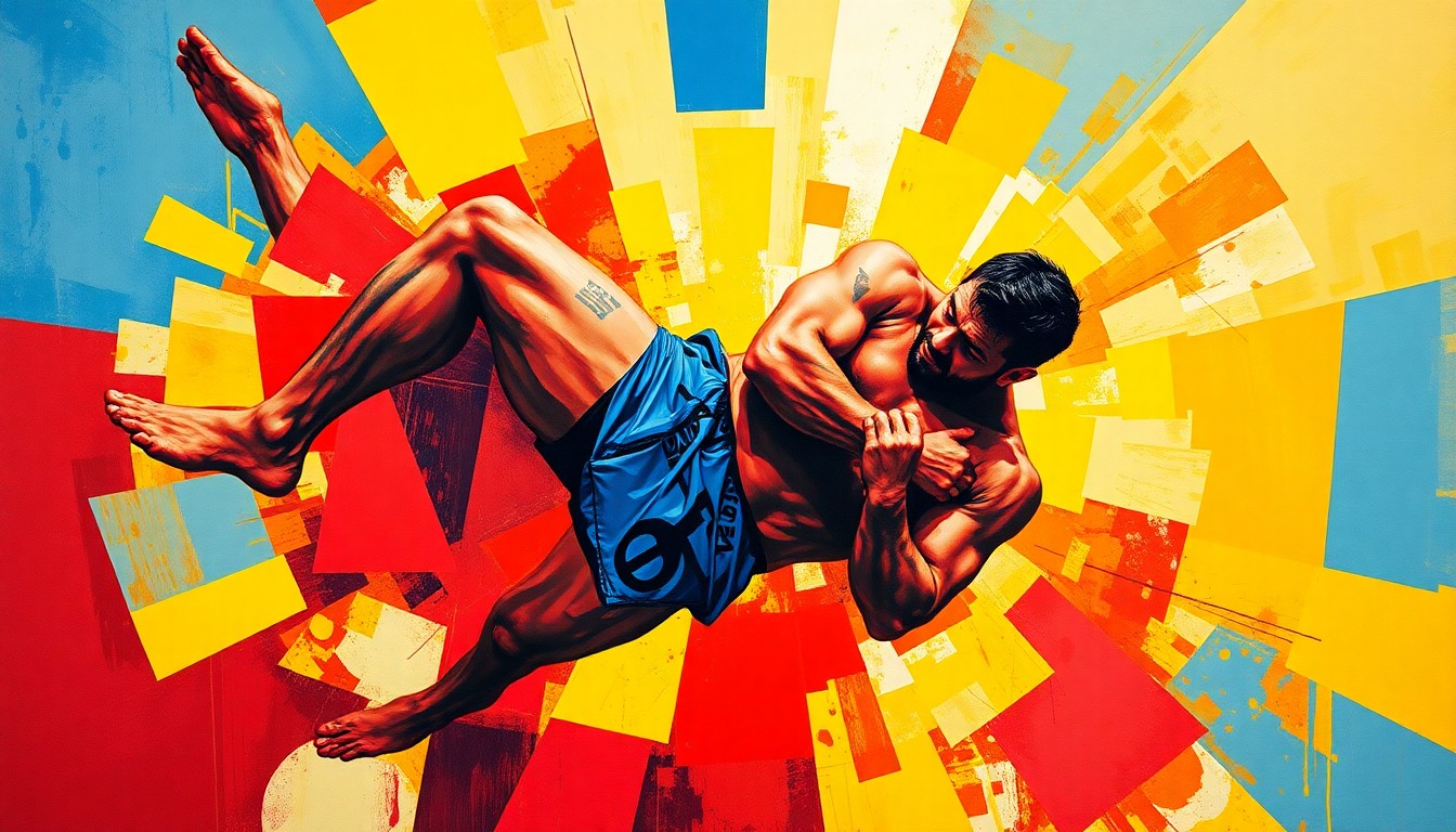 A cubist-style painting depicting the explosive energy and dynamic movement of Renato Carneiro's submission victories, with sharp geometric shapes and vibrant colors representing the intensity of his grappling techniques.