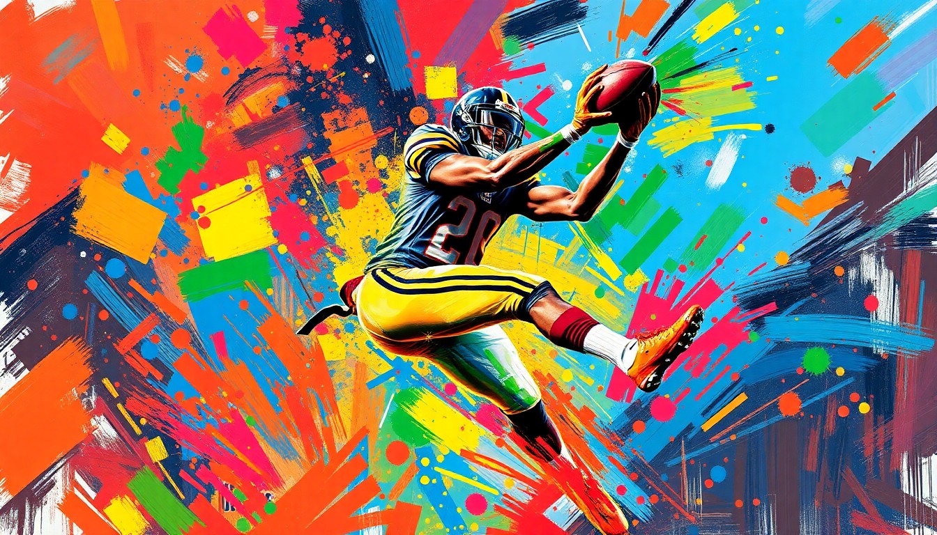 A vibrant, expressionist painting in neon colors depicts the dynamic movement and energy of a wide receiver making a leaping catch, with the player's features dissolving into abstract brushstrokes.
