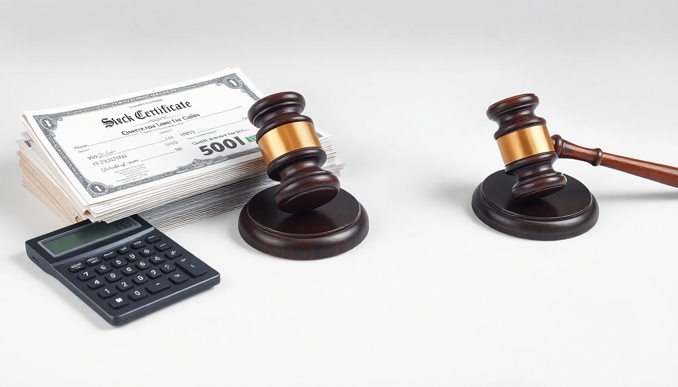 A photorealistic studio still life featuring a stack of stock certificates, a calculator, and a gavel on a clean, monochromatic background, conceptually representing the abstract financial and legal aspects of NextPlat's reverse stock split.
