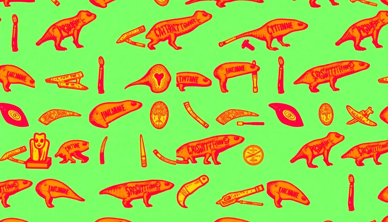 A high-contrast, silkscreen-style illustration featuring a repeating grid of a taxidermy bird specimen in vibrant shades of blue, green, and orange, capturing the quirky and eclectic nature of the curiosity shop.