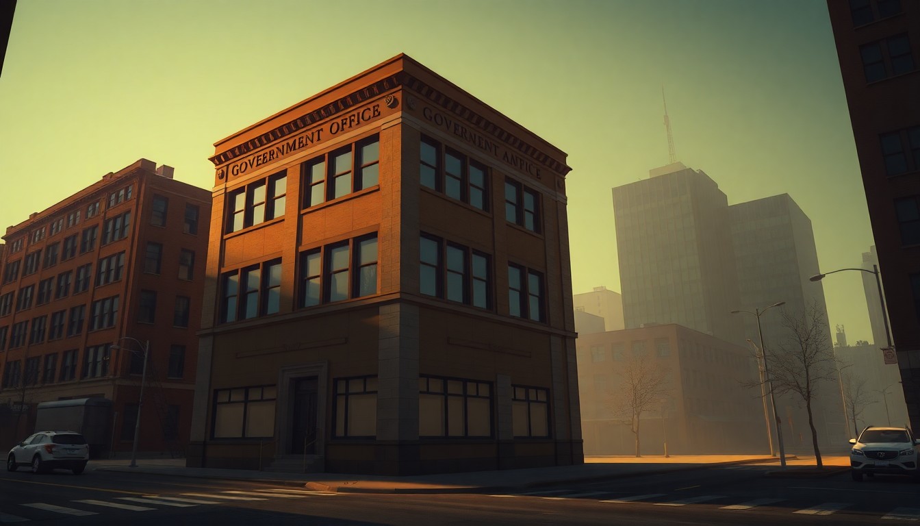 A photorealistic painting of an empty, dimly lit government office building with large windows, casting long shadows across the interior walls and floors, conveying a sense of quiet contemplation around the legal dispute between the states and the federal agency.