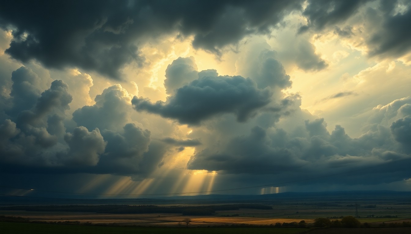 A sweeping, atmospheric landscape painting in muted tones of gray, blue, and gold, depicting a vast, stormy sky with heavy clouds and beams of sunlight breaking through, casting an ominous yet awe-inspiring glow over a rural countryside scene.