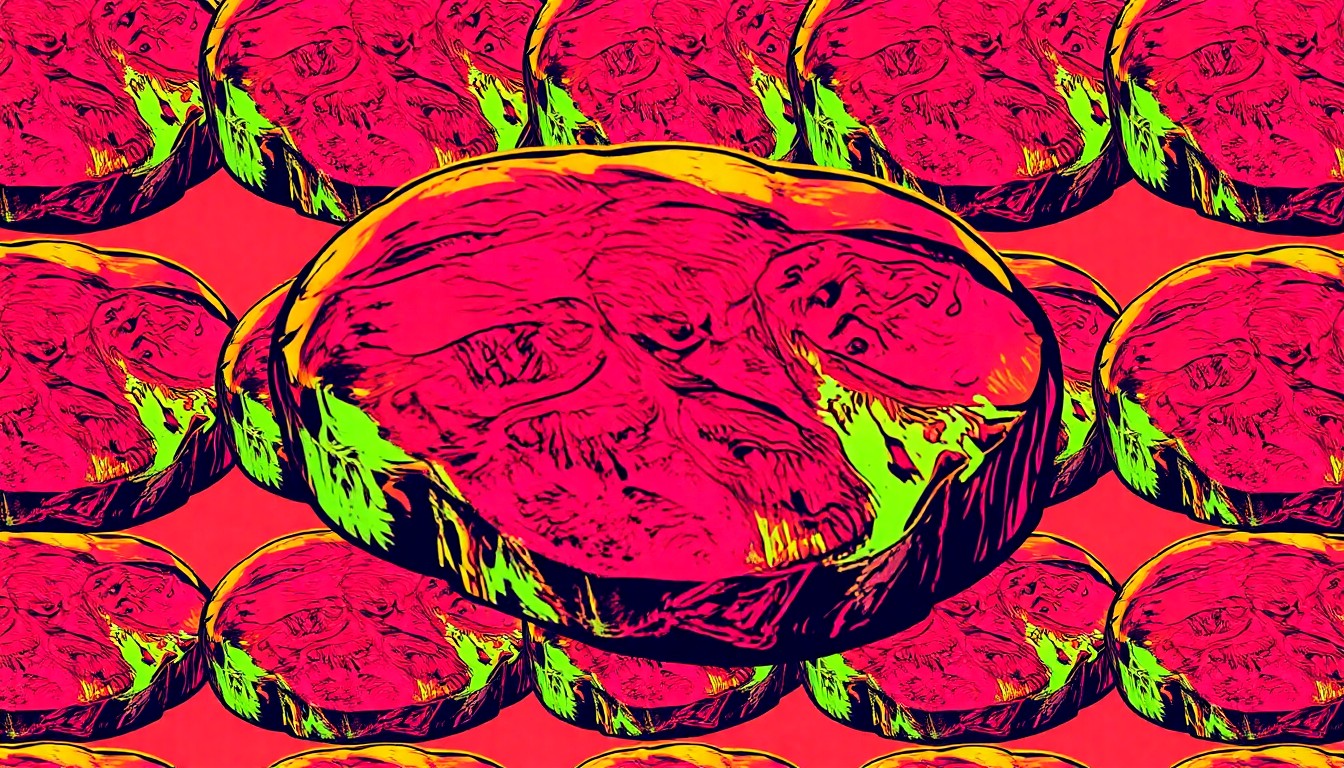 A vibrant, high-contrast silkscreen-style illustration depicting a juicy steak repeated in a grid pattern, rendered in bold neon colors and heavy black outlines to capture the essence of classic steakhouse fare elevated to modern pop art.