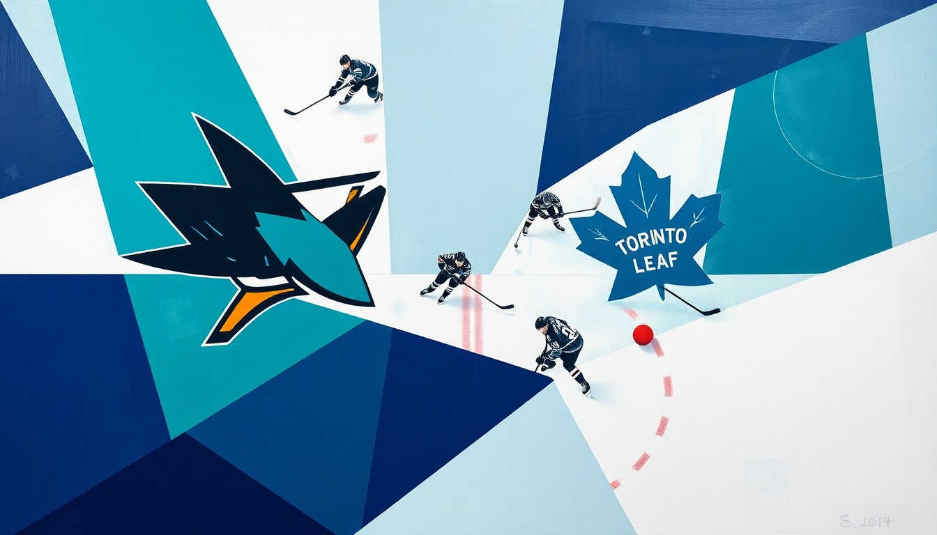 A cubist, geometric painting depicting the action of a hockey game between the San Jose Sharks and Toronto Maple Leafs, with the players and puck represented as abstract shapes and angles in the team's colors.