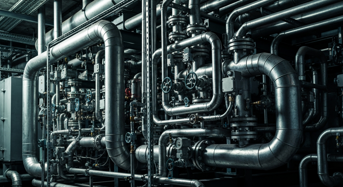 An extreme close-up of industrial HVAC equipment and machinery, conveying the heavy, tangible nature of Home Depot's expansion into the $100 billion HVAC market.