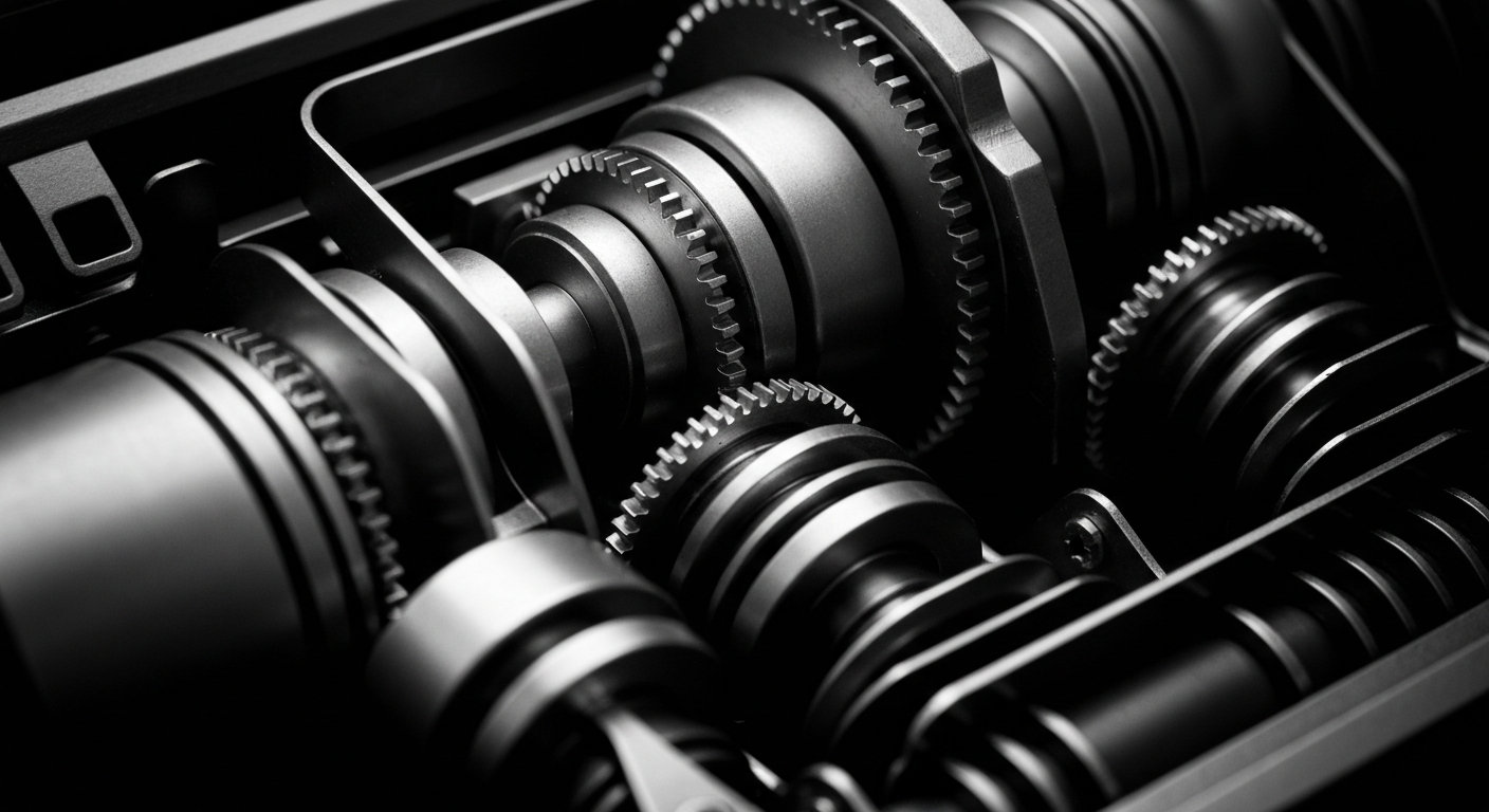 A high-contrast, cinematic close-up of the internal workings of a Visa credit card processing machine, conveying the complex, industrial nature of the global payments infrastructure.