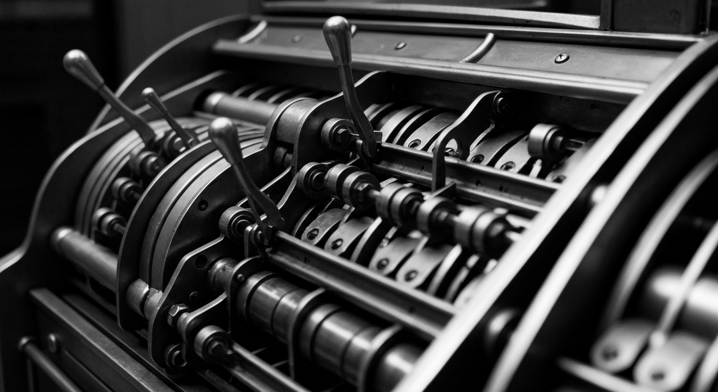 An extreme close-up of the heavy, industrial machinery and mechanisms that power the world of institutional banking and investment, rendered in high-contrast black and white tones to create a sense of visual tension and the weight of financial systems.