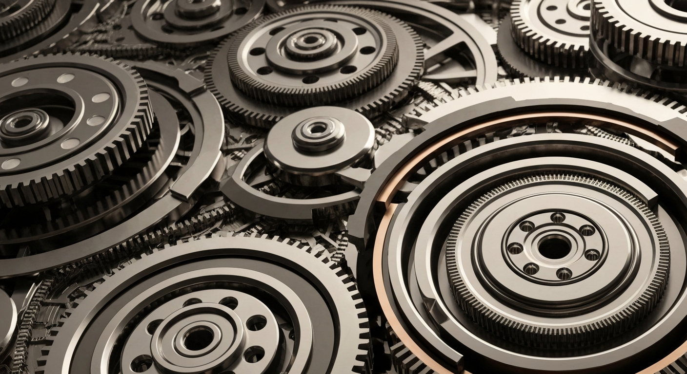 An extreme close-up of intricate, industrial machinery and components in muted tones, conceptually representing the complex inner workings of a semiconductor company.