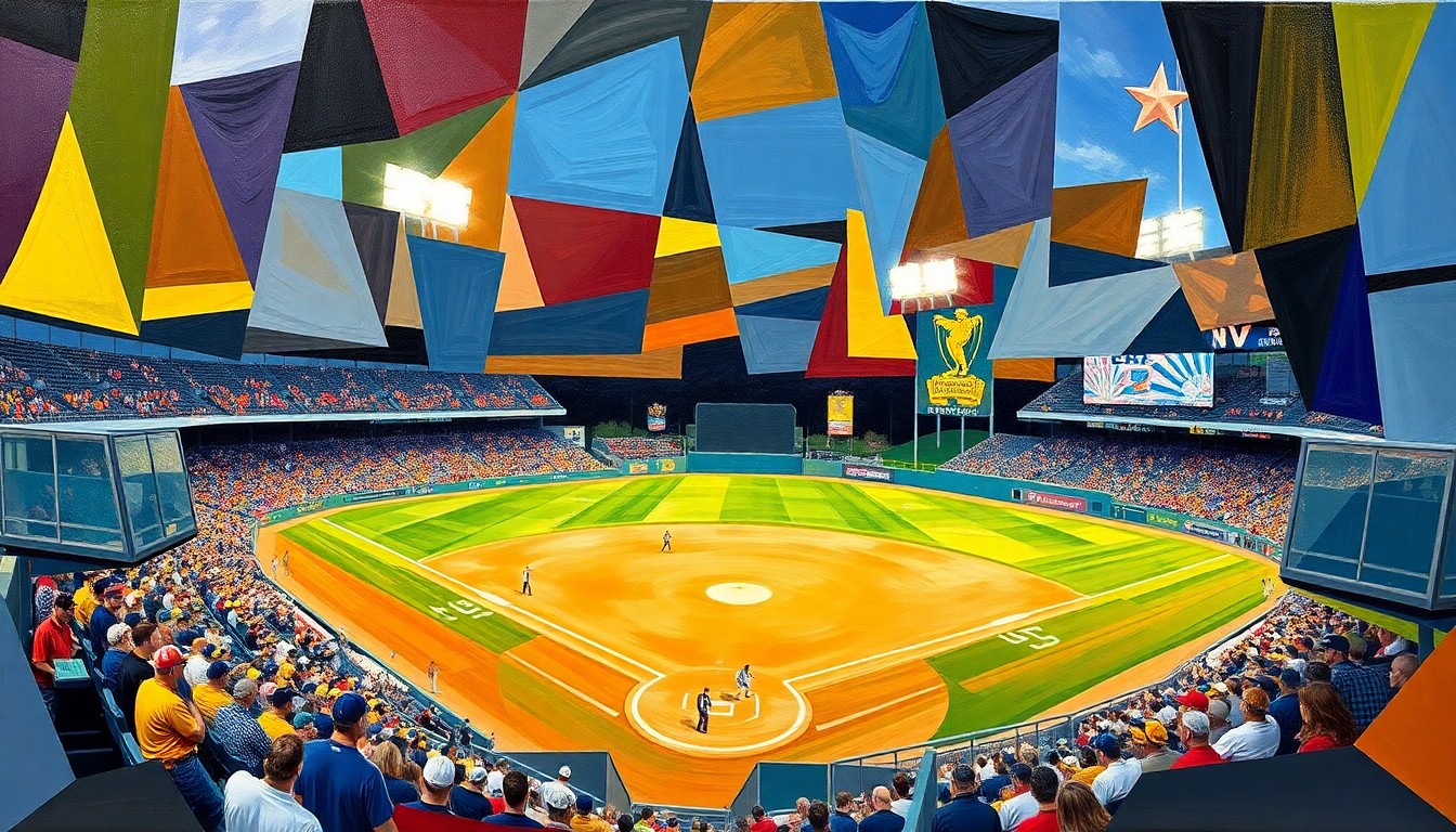 A cubist-style painting featuring overlapping geometric shapes and planes in the team colors of Cleburne Yellow Jackets and Mansfield Timberview, capturing the dynamic action and energy of a high school baseball game.