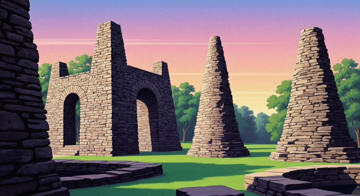 A highly stylized, geometric illustration depicting the towering, castle-like stone structures of the Rock Garden in Calhoun, Georgia, set against a backdrop of smooth, airbrushed gradients in shades of blue, green, and gold, capturing the grand scale and romantic spirit of this unique folk art environment.