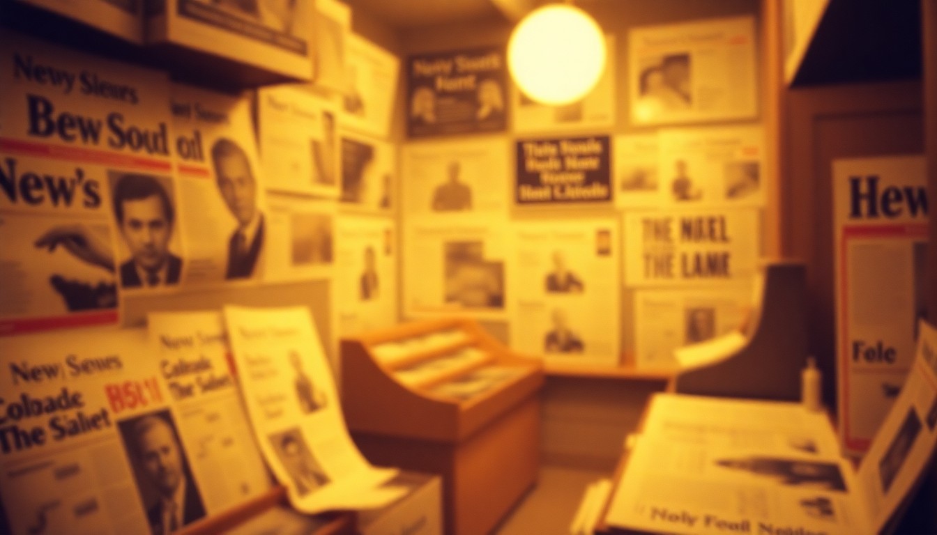 A soft, hazy, out-of-focus photograph in warm, muted tones, depicting a nostalgic scene of a 1970s-era newspaper stand or newsroom, with blurred headlines and images hinting at the stories and events of that era.