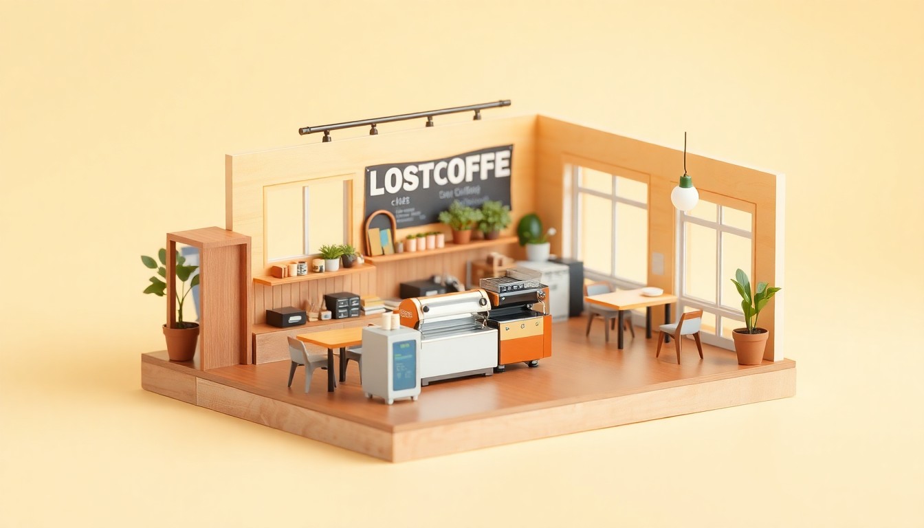 A stylized, isometric 3D illustration of a modern, minimalist coffee shop interior with warm wood tones, clean lines, and a central espresso machine, conceptually representing the inviting atmosphere of the new Lost Coffee location.