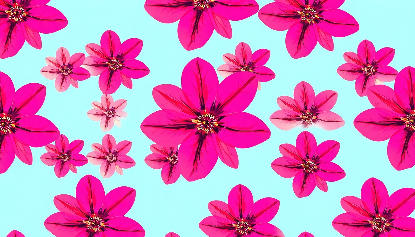 A highly stylized, abstract grid of brightly colored cherry blossom flowers rendered in a bold, pop art silkscreen style, conceptually representing the joyful energy and cultural significance of this tree planting project.