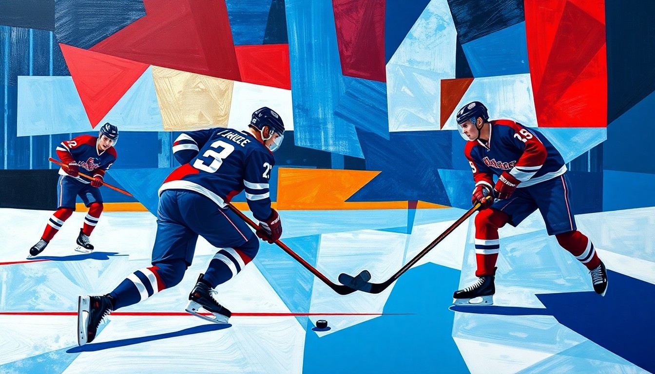 A fractured, geometric painting depicting the action of a hockey game, with the players and puck represented as fragmented, angular shapes in a vibrant color palette, conceptually illustrating the competitive spirit and fast-paced nature of the sport.