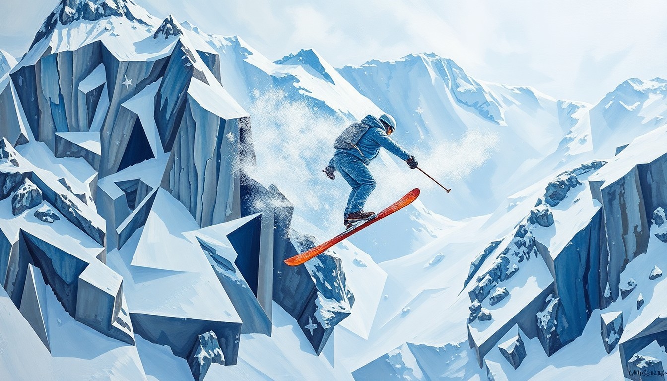 A fractured, multi-perspective painting depicting a skier in mid-air, broken down into sharp, overlapping geometric planes in a vibrant color palette of snowy whites, icy blues, and rocky grays, capturing the raw energy and artistry of professional big-mountain skiing.