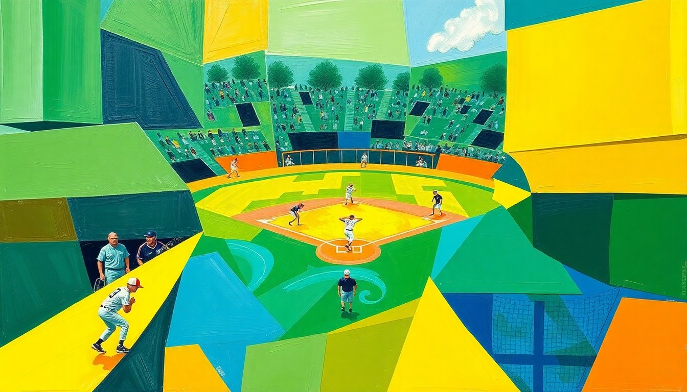 A vibrant, fragmented painting depicting a high school softball game, with players and the field broken down into sharp, overlapping geometric shapes in a cubist style.