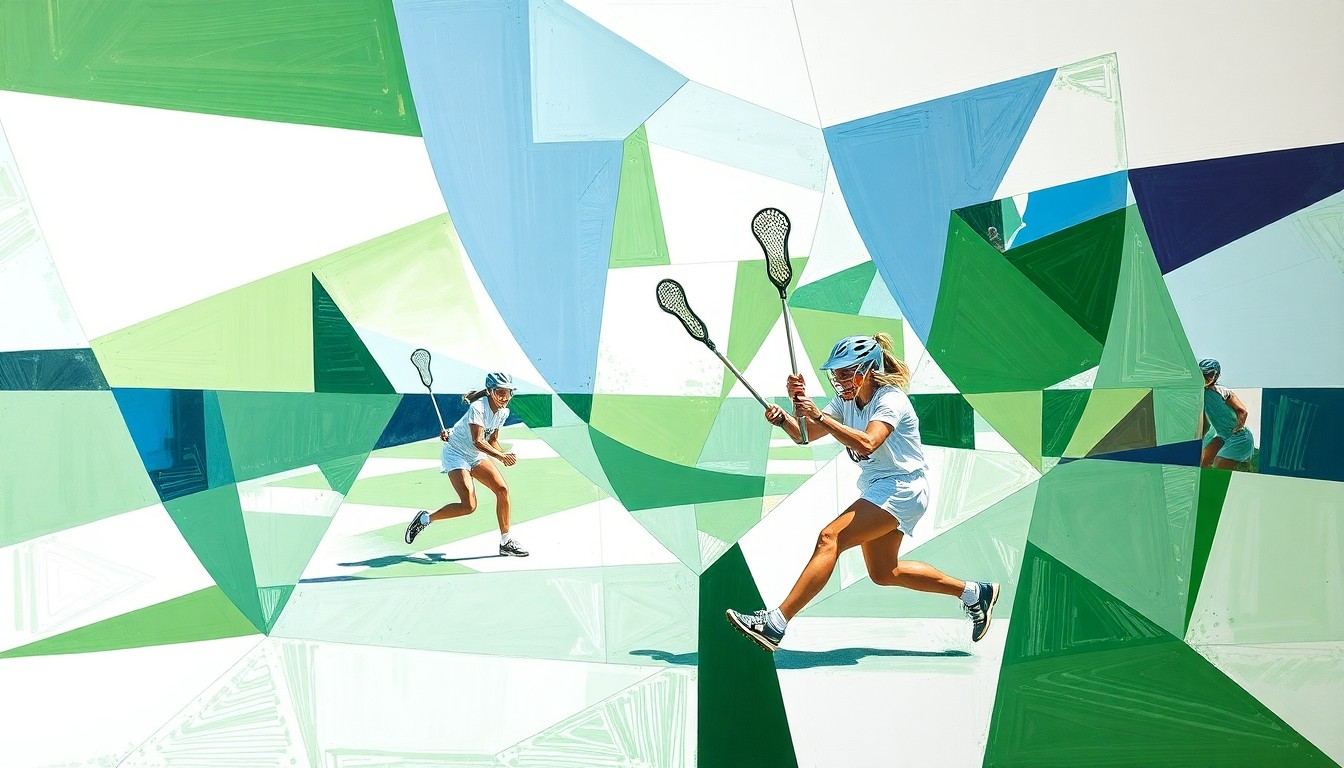 A cubist, geometric painting depicting a girls lacrosse game, with overlapping planes of green, blue, and white representing the dynamic action on the field.