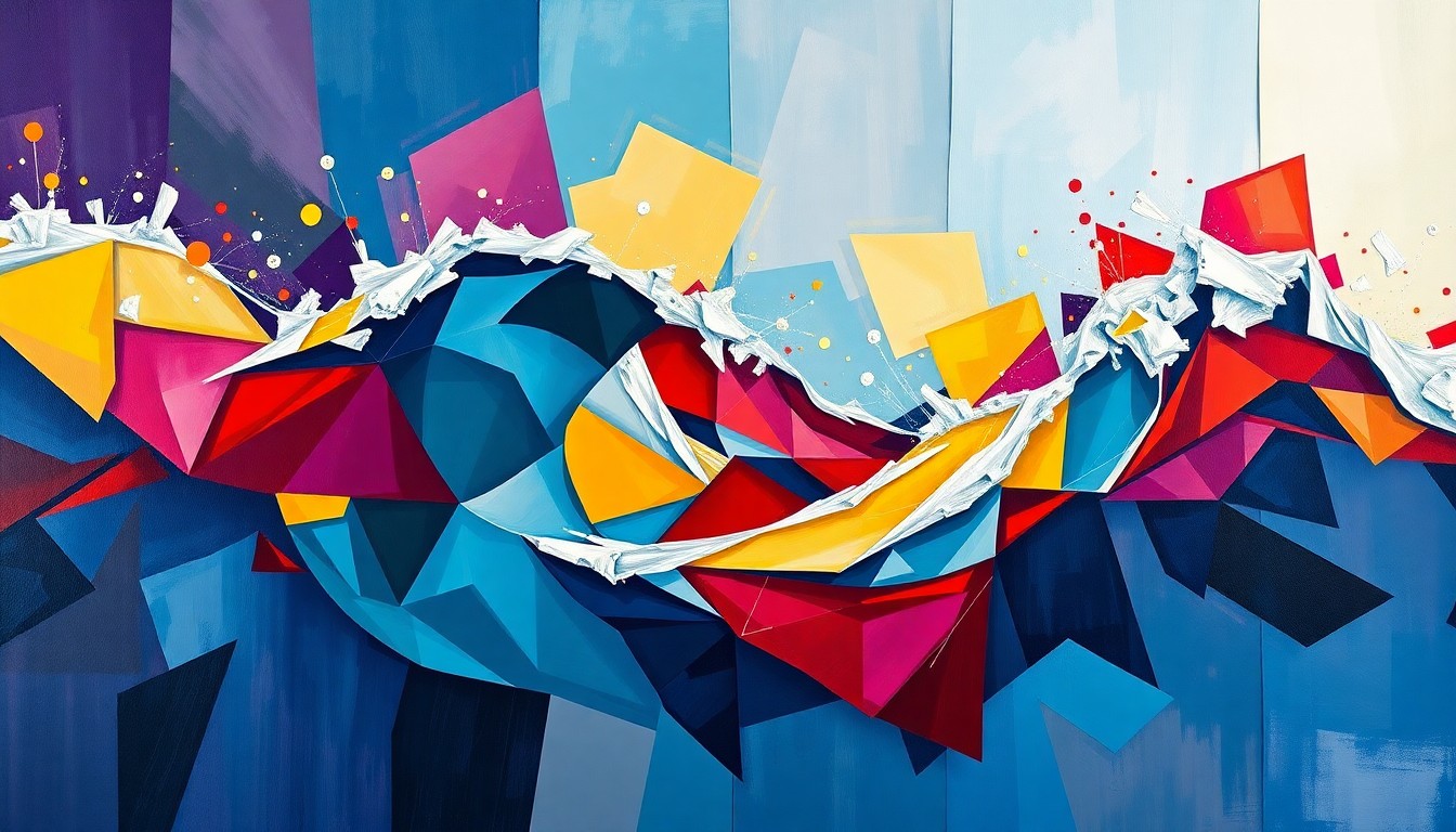 An abstract, avant-garde painting featuring overlapping, geometric waves of color in shades of blue, red, and yellow, conceptually representing the chaotic and contested Democratic primary process.