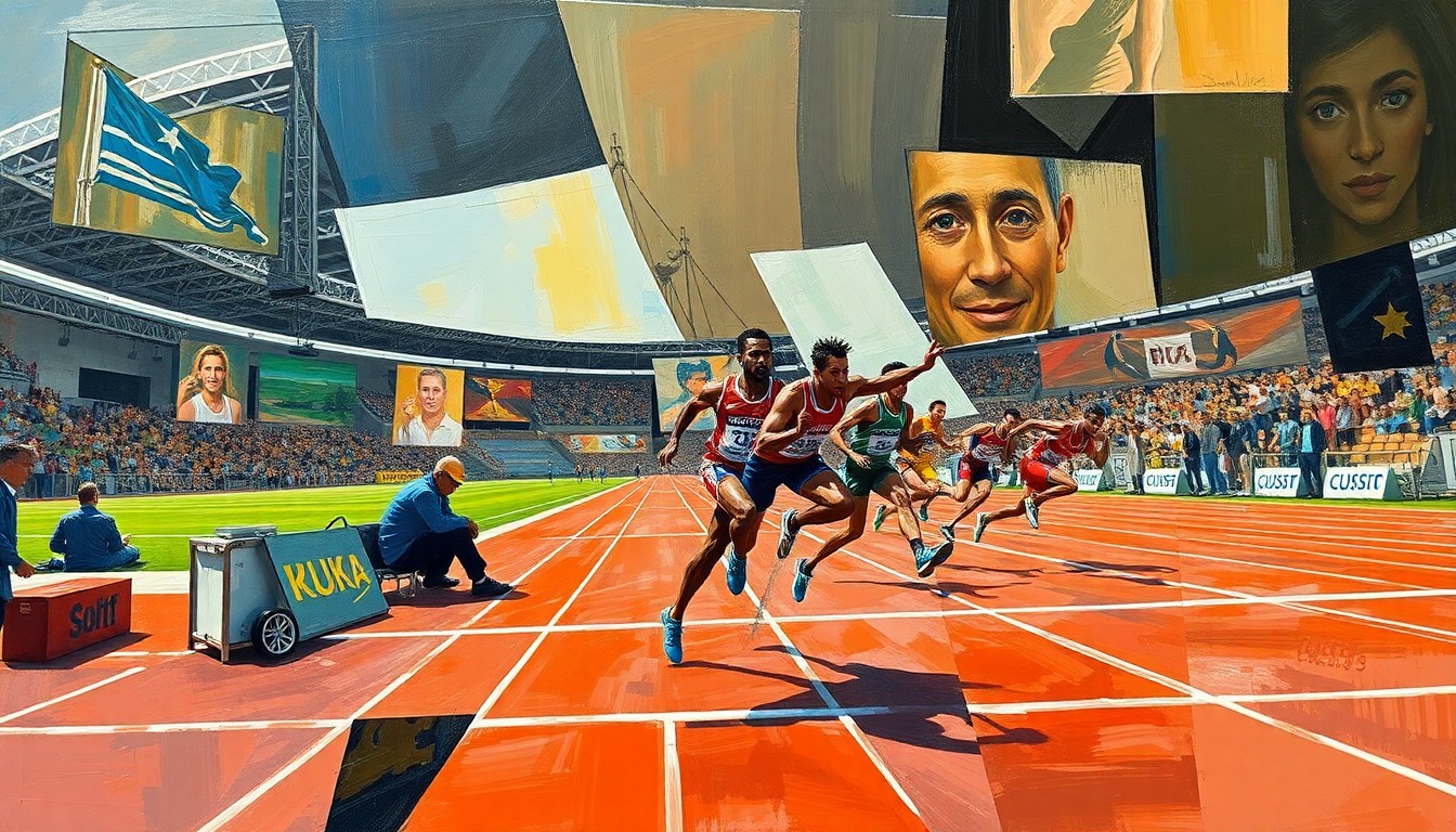 A fragmented, geometric painting depicting a track and field event, with sharp, overlapping shapes and planes representing the dynamic motion and energy of the competition.