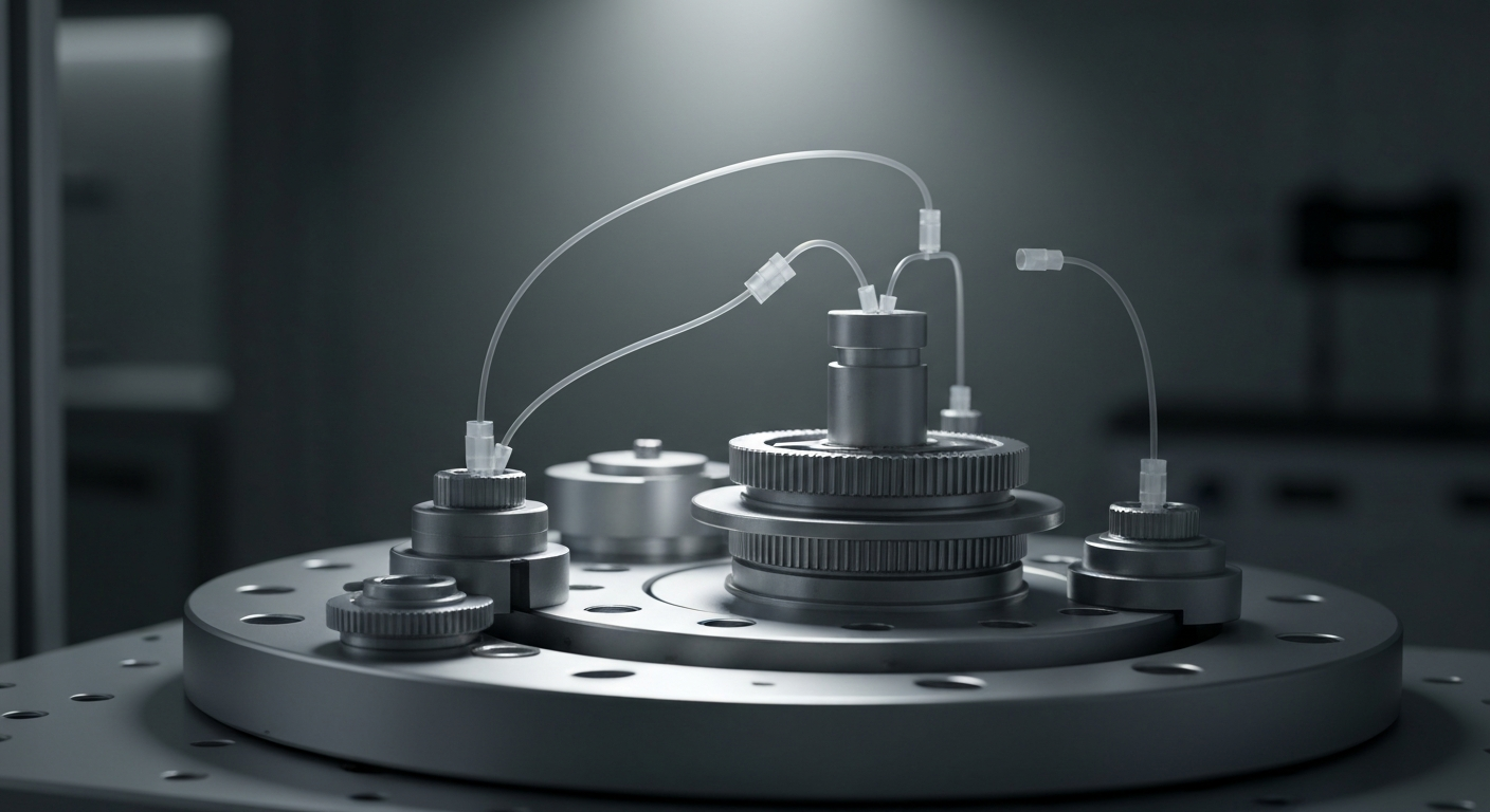 An extreme close-up of various metal components and industrial machinery, representing the sophisticated engineering and production behind Globus Medical's medical devices.