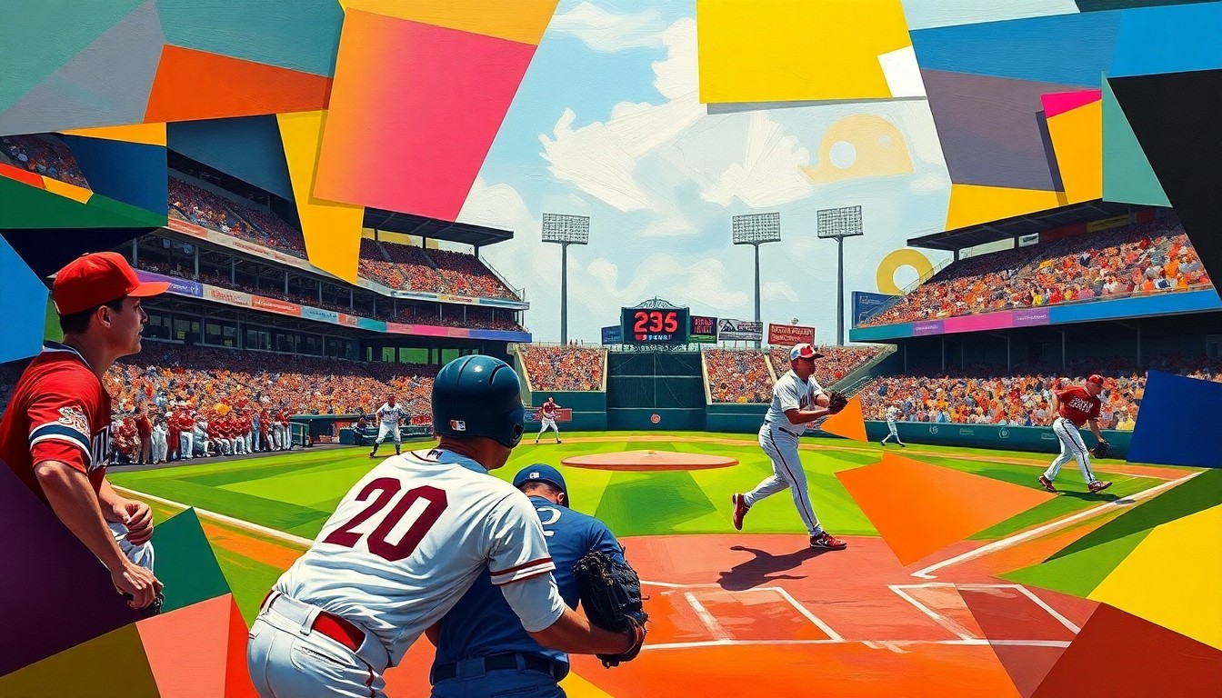 A cubist, geometric painting depicting a fragmented baseball game, with sharp planes of color representing the players and field in an abstract, deconstructed style.
