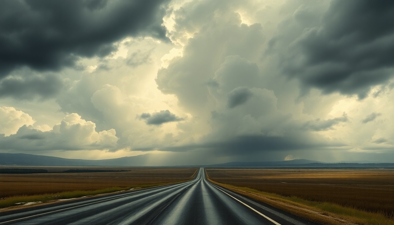 A sweeping, atmospheric landscape painting depicting a stormy sky with heavy, dramatic clouds obscuring the horizon and casting a moody, melancholic light over a deserted highway, conveying the overwhelming scale and power of the approaching weather system.