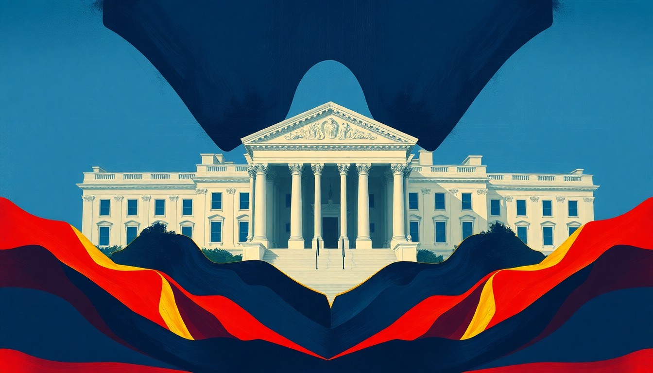An abstract, fragmented painting in shades of navy, red, and gold depicting the United States Department of Justice building, conveying a sense of transition and uncertainty surrounding a change in leadership.