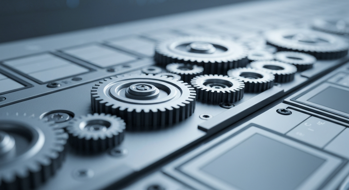 An extreme close-up of the intricate gears and mechanisms of a high-tech financial trading console, conveying the complex infrastructure of modern investment banking that blends technical work with human expertise.