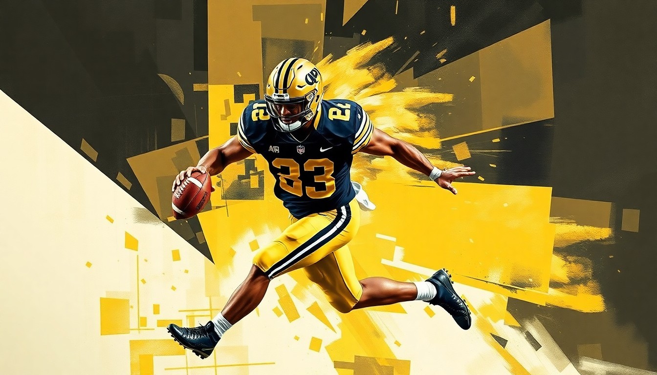 A fragmented, cubist-style painting depicting a Purdue football defensive back making a play on the ball, with the player's form broken down into sharp, overlapping geometric shapes in the team's gold and black colors.