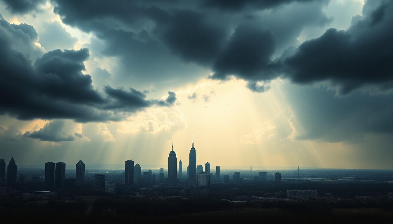 A dramatic, atmospheric landscape painting in muted tones of gray, blue, and gold, depicting a stormy sky over the partially obscured skyline of Atlanta. The scene conveys a sense of the overwhelming power and sublime beauty of nature.