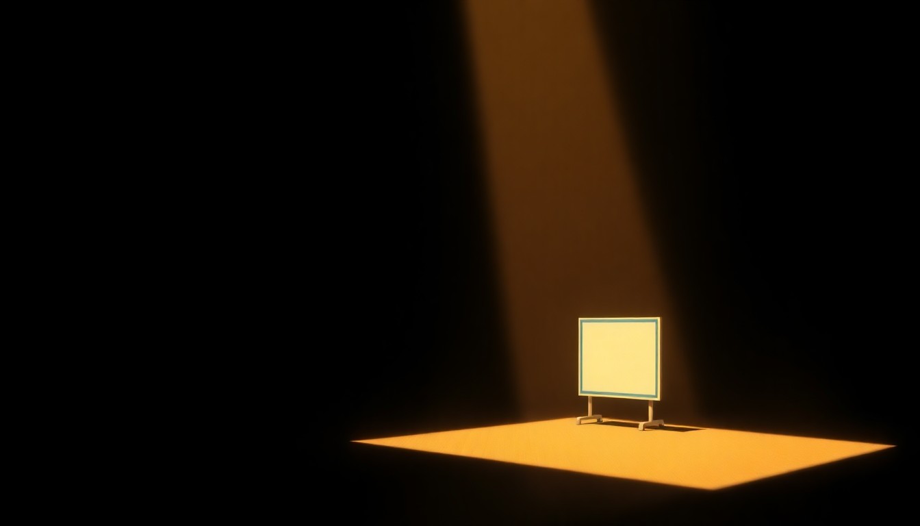 A warm, cinematic painting depicting a solitary political campaign sign or podium in a quiet, urban setting, with deep shadows and diagonal sunlight creating a nostalgic, reflective mood.