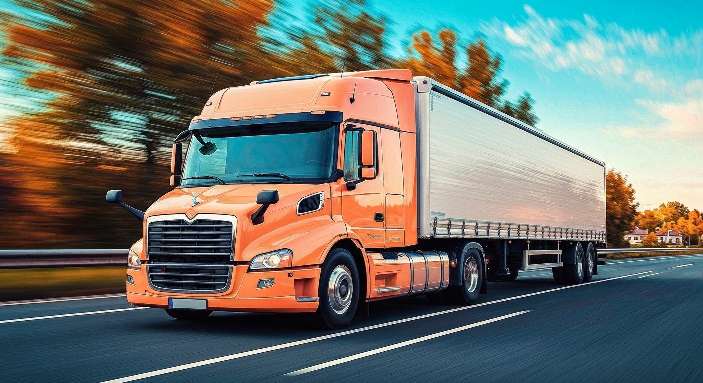 An abstract, blurred image of a commercial delivery truck in motion, with vibrant streaks of color representing the vehicle's speed and modern engineering.