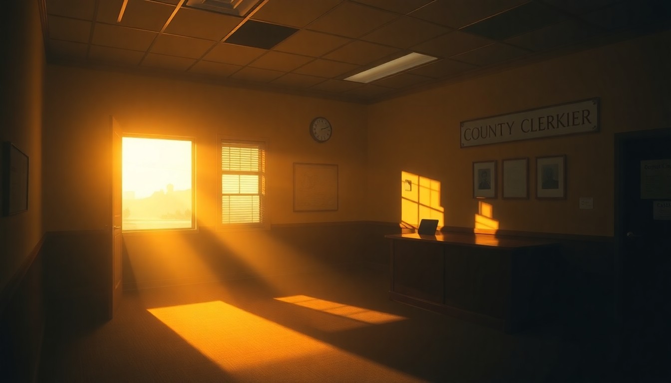 A dimly lit, cinematic painting of an empty county clerk's office, with sunlight streaming in through the windows and casting deep shadows across the desks and filing cabinets, conceptually representing the complex legal and political issues surrounding election security and free speech.