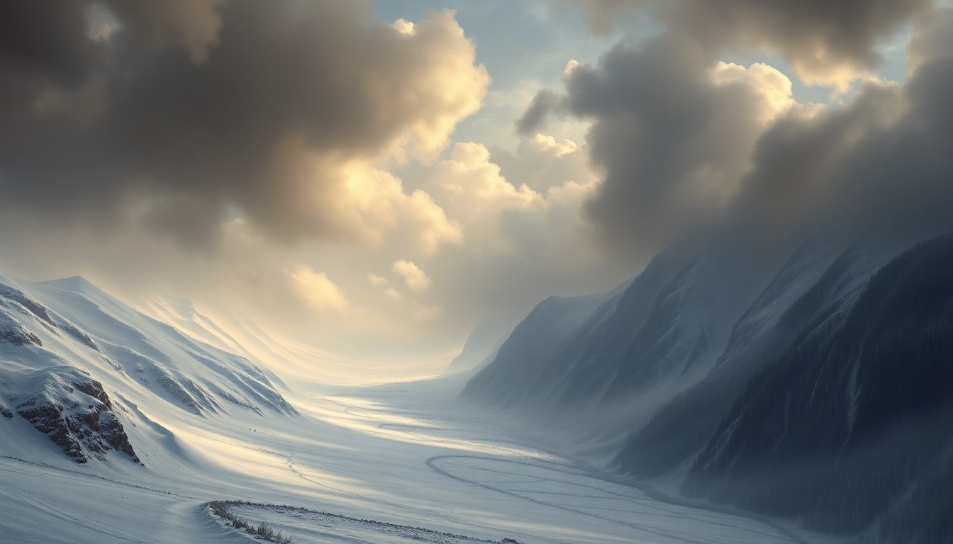 A sweeping, atmospheric landscape painting in muted tones of gray, white, and blue, depicting the snow-covered slopes of a mountain pass obscured by heavy snowfall and hazy skies, conveying the overwhelming scale and power of the natural environment.