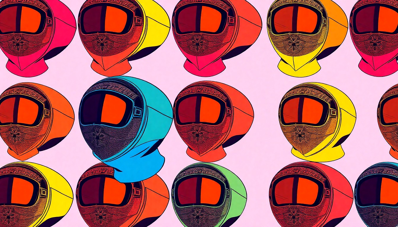 A brightly colored, high-contrast silkscreen print of a fencing mask repeated in a tight grid pattern, using a vibrant neon color palette overlapping with heavy black photographic outlines to turn the iconic fencing equipment into modern pop art.