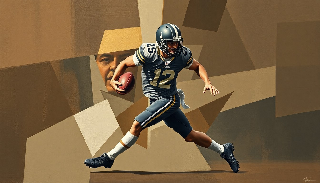 A cubist, geometric painting depicting a football player in motion, broken down into overlapping planes of muted earth tones.