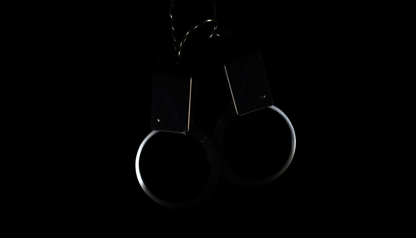 An extreme close-up photograph of a set of handcuffs against a pitch-black background, creating a stark, gritty, investigative aesthetic.