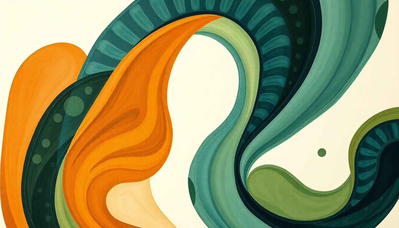 A highly structured abstract painting in muted teal, ochre, and moss green tones, featuring sweeping geometric arcs, intersecting waveforms, and precise botanical spirals, conceptually representing the complex scientific process of engineering T. Rex collagen into a functional leather material.