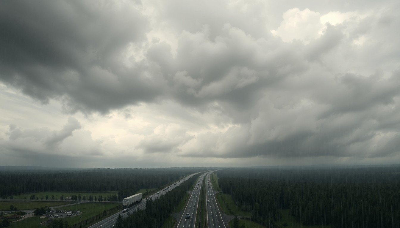 A vast, atmospheric landscape painting depicting a stretch of rain-soaked highway cutting through a scene of thick, swirling clouds and heavy downpour, conveying the overwhelming power of the weather.