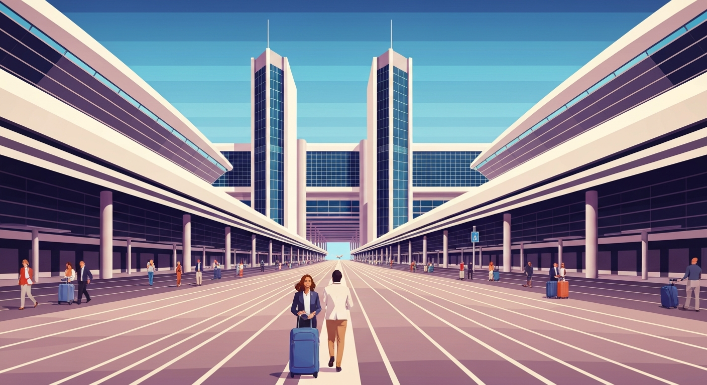 A bold, geometric illustration in the Art Deco style, depicting the towering architecture and sweeping lines of Hartsfield-Jackson Atlanta International Airport, capturing the grand scale and bustling energy of the facility during a busy travel period.