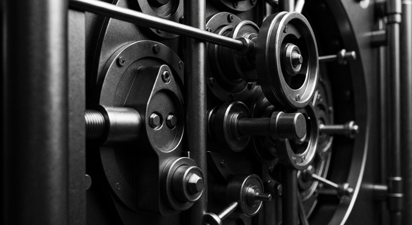A high-contrast, close-up image of a complex financial mechanism, such as a stock trading terminal or bank vault door, conveying the industrial and institutional nature of the financial world without using any text or identifiable elements.