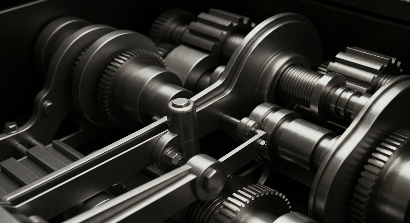 An extreme close-up of heavy, industrial banking equipment and mechanisms, conveying a sense of the tangible, powerful forces shaping the financial world.