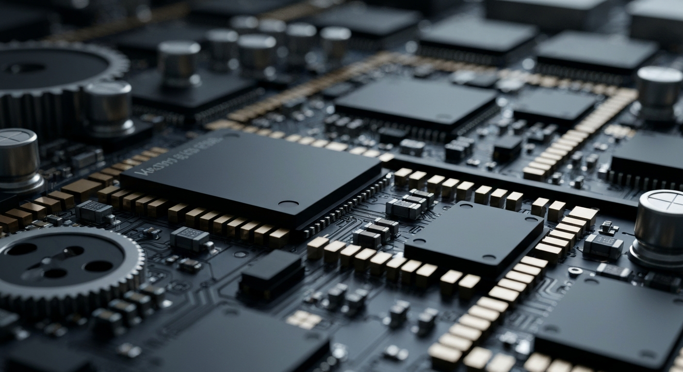 An extreme close-up of the intricate inner workings of a high-performance semiconductor chip, with gears, circuits, and components filling the frame in a cinematic, industrial style.