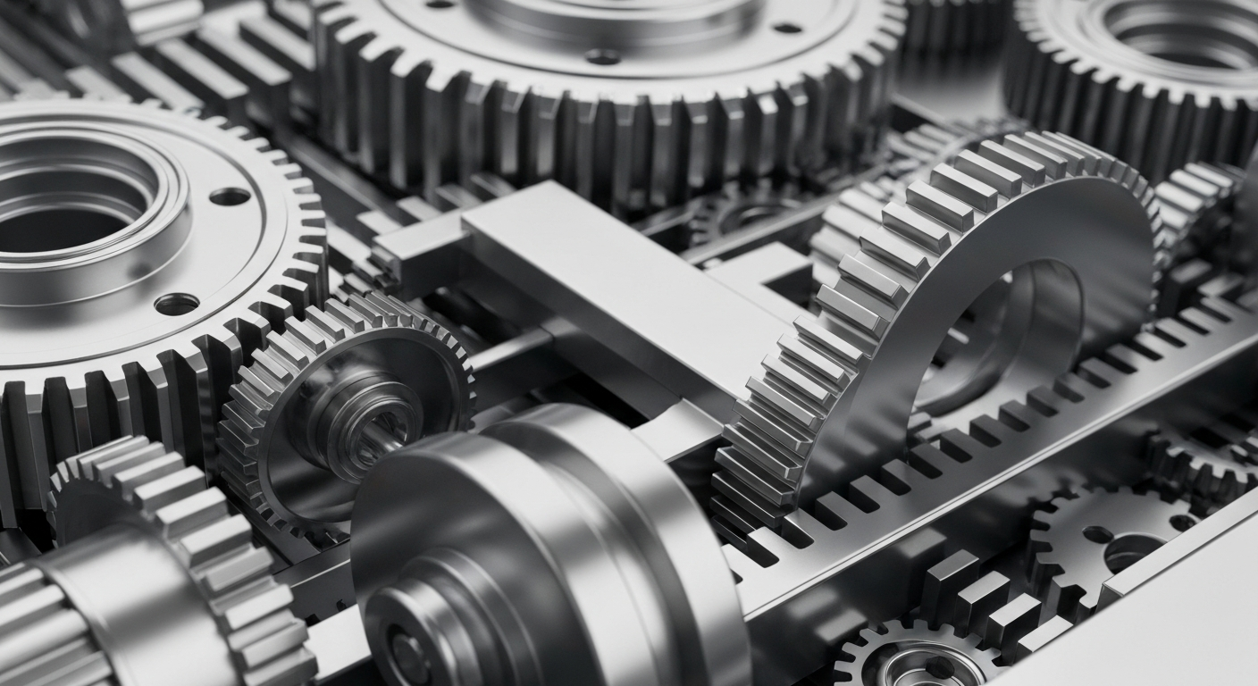 A highly detailed, cinematic close-up image of the complex metal gears and components that make up semiconductor manufacturing equipment, conveying the technical sophistication and capital-intensive nature of the industry.