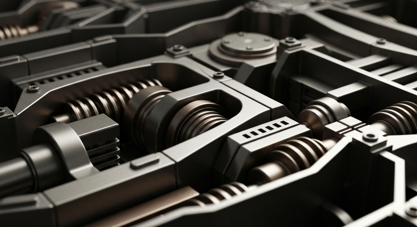 An extreme close-up of a series of gears, levers, and mechanical components in shades of steel grey, bronze, and black, conveying the intricate and powerful nature of financial institutions and the banking industry.