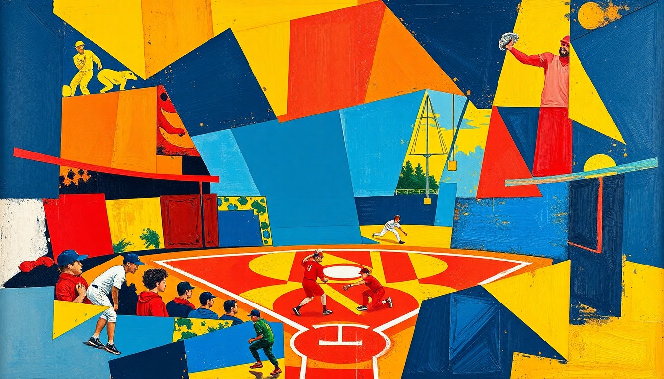 A fragmented, geometric painting depicting a softball game, with sharp planes of navy, crimson, and gold representing the competitive spirit and determination of the Lafayette College softball team.